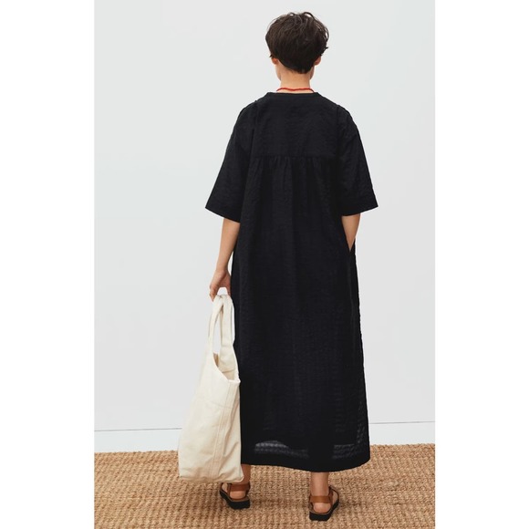 Everlane The Caftan Dress Black Check Button Front Lightweight Side Slits Medium - Picture 2 of 14